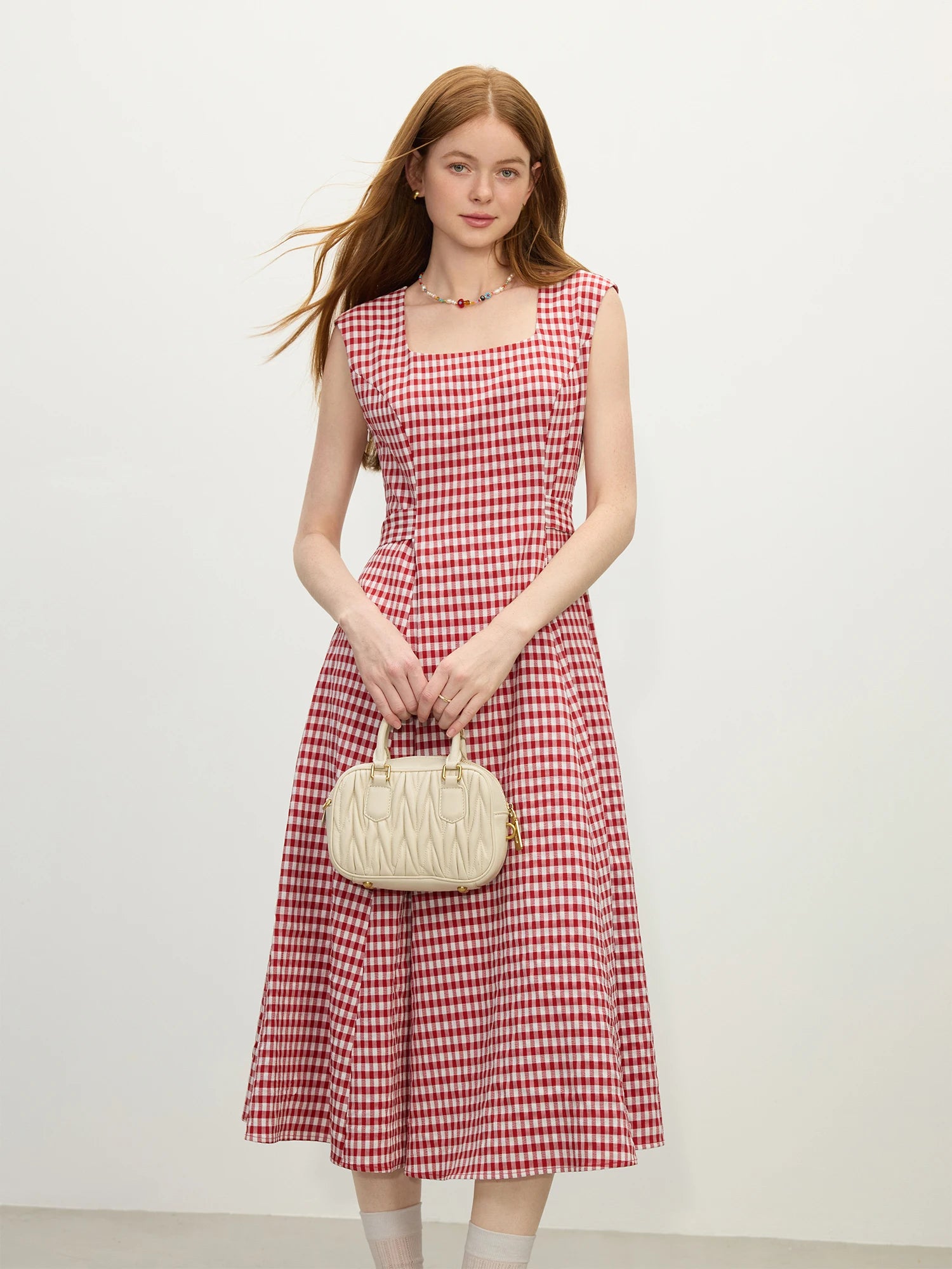 FSLE 2025 Summer New Red Plaid Dress Sleeveless Casual Style Female Summer Long Dress With Sashes High Waist Dress