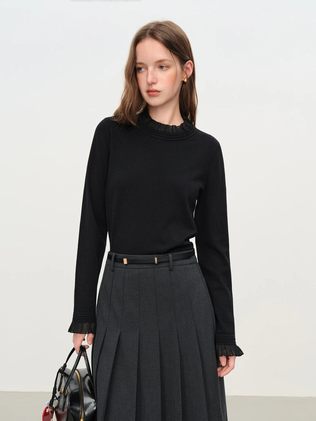 2025 Women's Mock Neck Knit Top - Ruffle Trim Detail Layering Staple Autumn Winter Base Layer with Soft Stretch Fit
