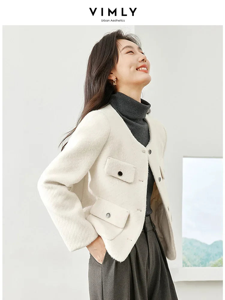 VIMLY Women's Woolen Cropped Jacket Elegant Short Blazer Autumn Winter Office Lady Coat Long Sleeve Simple Outerwear M5555