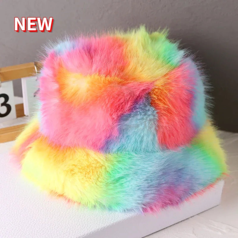 2024 Fluffy Faux Fur Bucket Hats Women Rabbit Fur Warm Thick Plush Winter Hat Lady Fashion Luxury Panama Furry Fisherman Cap Y2k