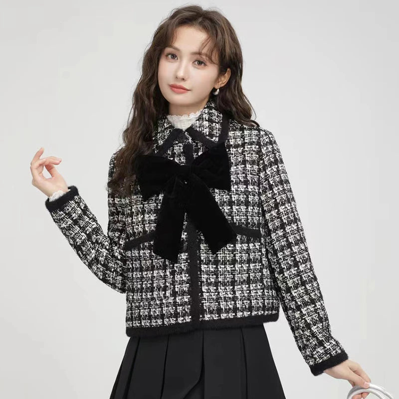 Vintage Bow Tweed Jackets Women Autumn Korean Elegant Single Breasted Lapel Coats Y2K Ladies Winter Thick Warm Crop Outerwear