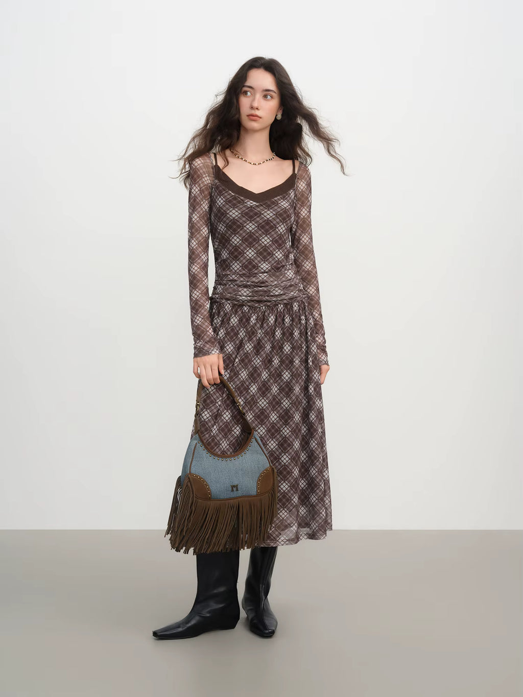 Elegant Women's Vintage Plaid Pleated Faux Two Piece Slimming Fitted Dress for Winter 2025 New High Waist Travel Dresses