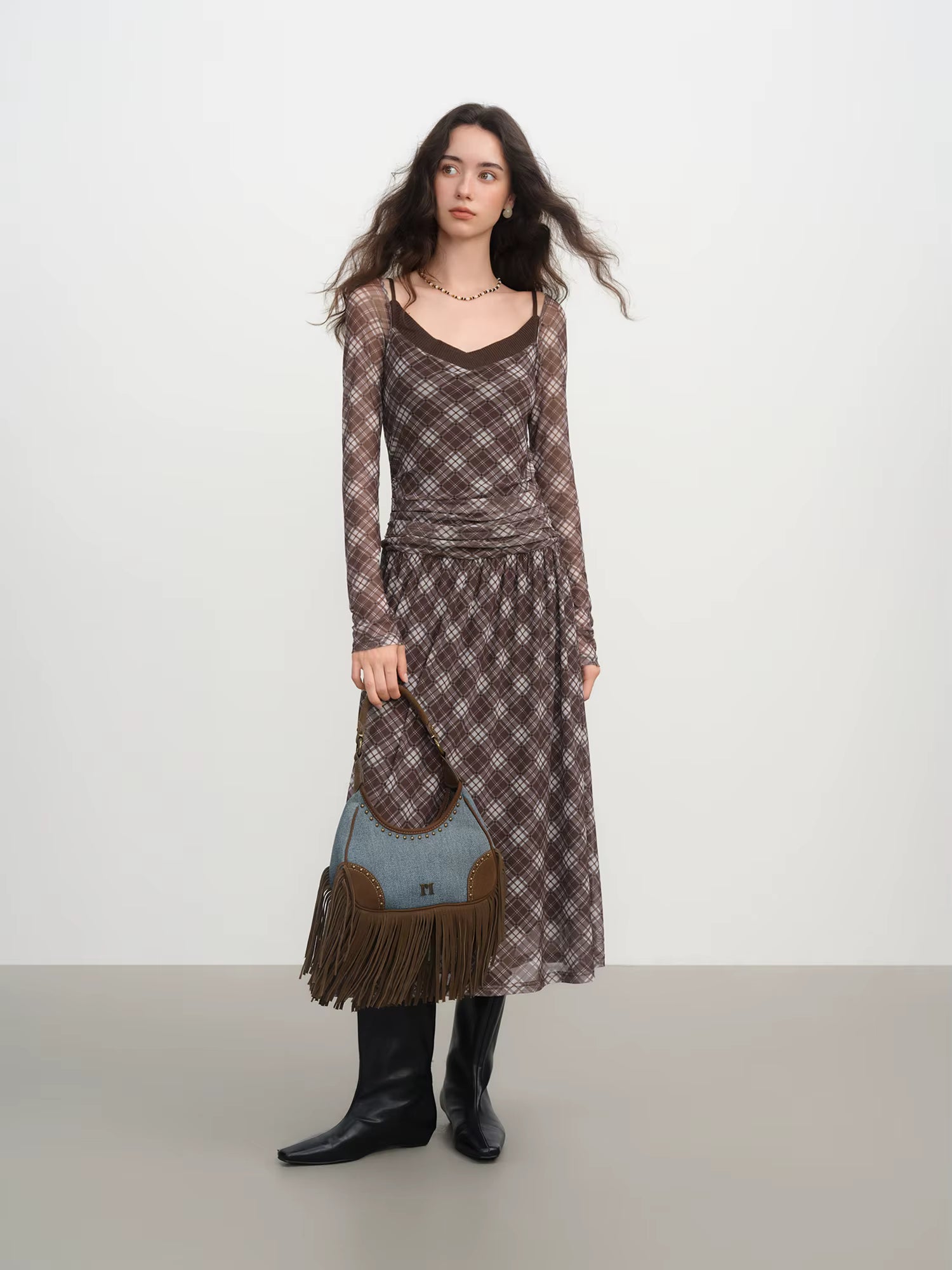 Elegant Women's Vintage Plaid Pleated Faux Two Piece Slimming Fitted Dress for Winter 2025 New High Waist Travel Dresses