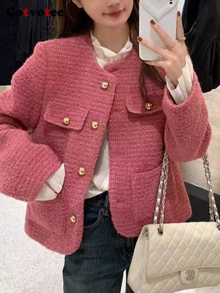 COTVOTEE Jackets for Women Pink Tweed Loose Casual O-Neck Single-breasted Full Sleeve Coat Autumn Korean Style Fashion Jackets