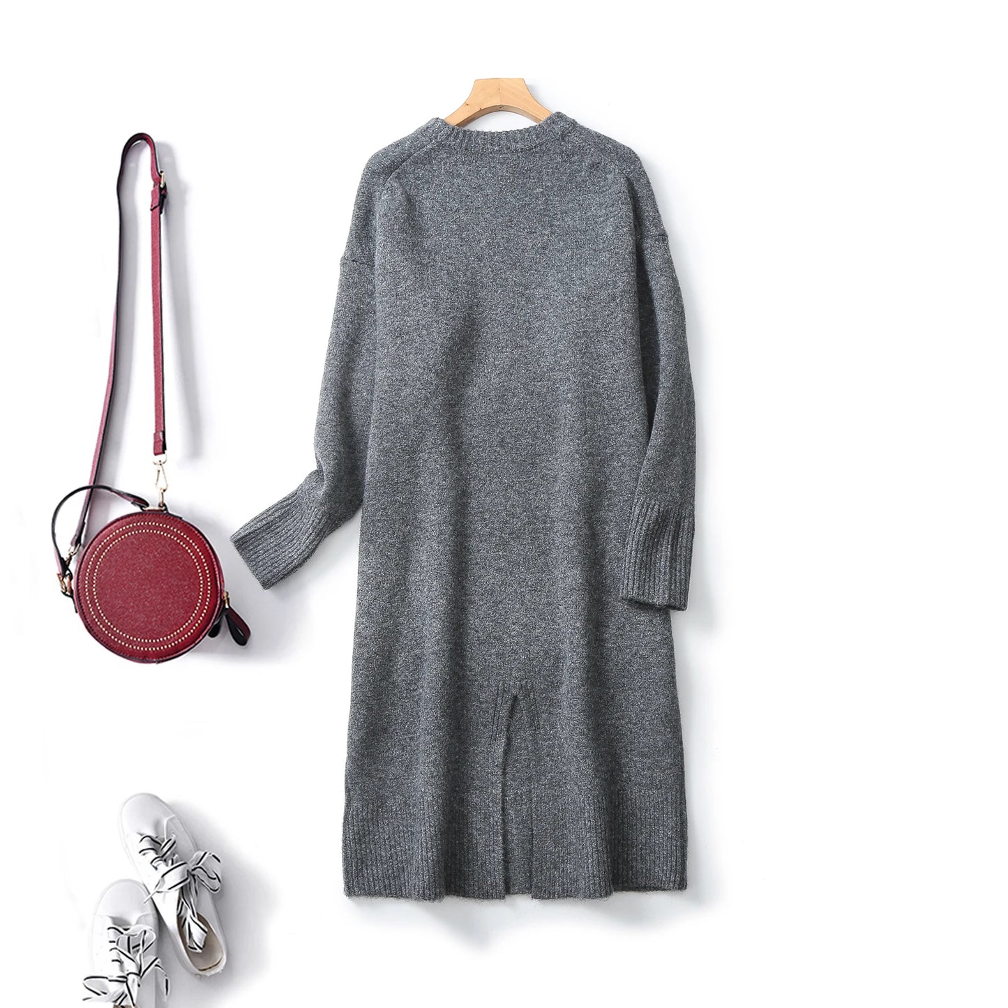 Ethereal  2024   new style of Women's casual long round neck wool blend dress