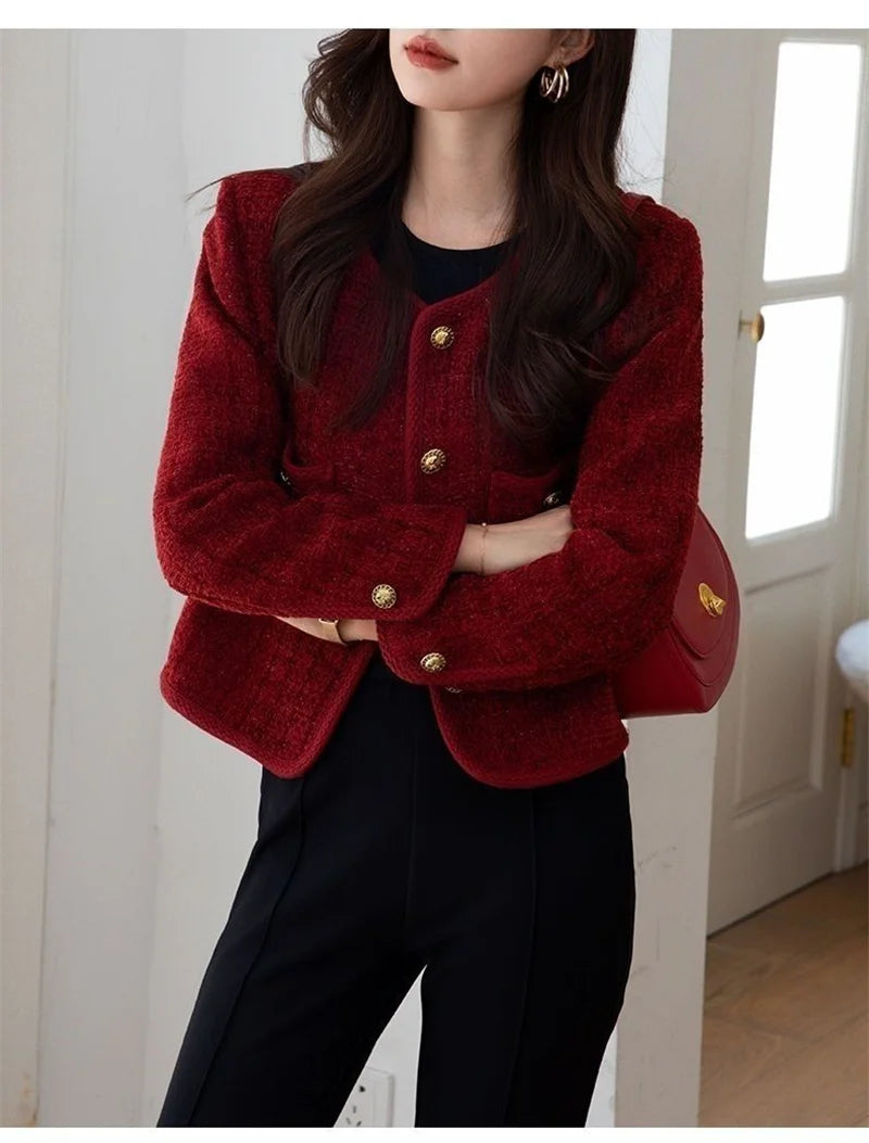 Outerwears Women's Jacket  Women's Jackets New Burgundy Coat Women's Spring and Autumn Temperament Joker Socialite Tweed Coat