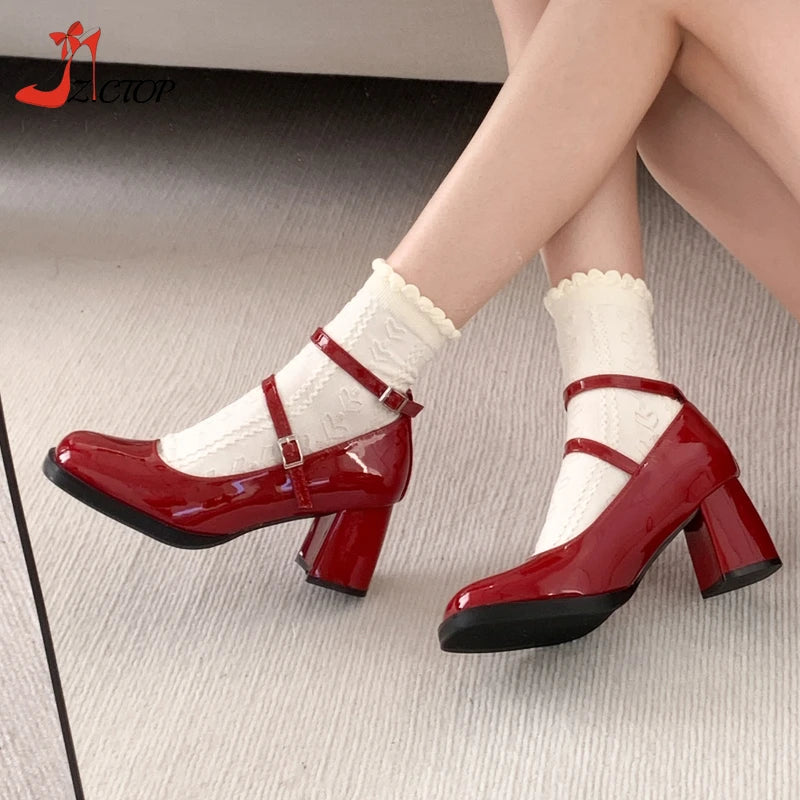Red Mary Jane Shoes Thick Heel Women's Pumps Patent Leather Retro High Heeled Double Buckle Black Party Dress Ladies Shoes