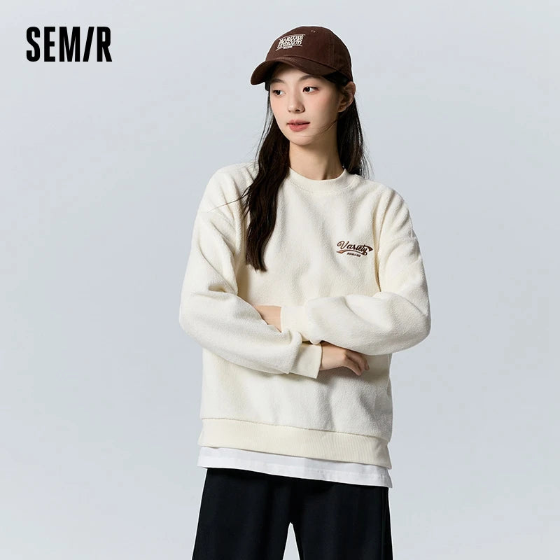 Semir Sweatshirt Women Mid-Length Heating Imitation Lamb Wool Loose Fake Two-Piece Letter Embroidery Dropped Shoulder Top