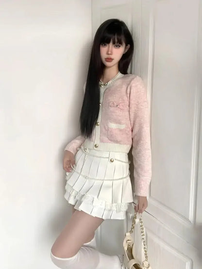 Deeptown Korean Fashion Pink Cropped Cardigan Women Kpop Sweet Girl Knitted Sweater Bow Coquette Aesthetic Long Sleeve Tops New