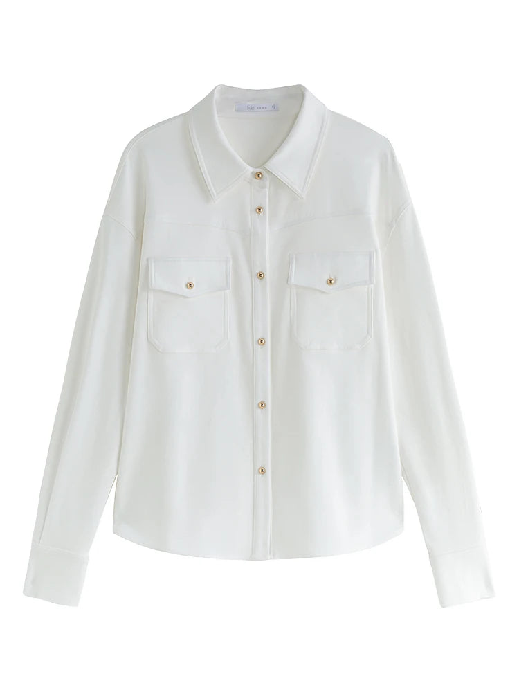 FSLE Women White Blouses Winter New Thick Long Sleeve Shirts Polo Neck Drop Sleeve Slightly Strech Office Lady Blouse 24FS14410