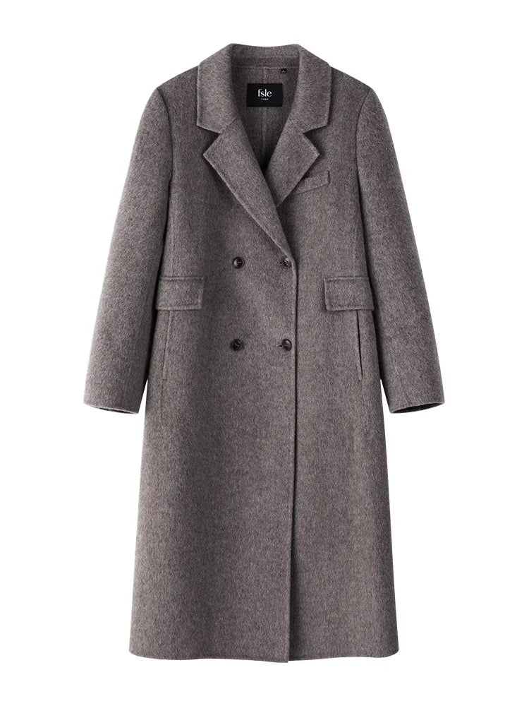 FSLE 100% Wool Temperament Front Shoulder Dark Grey Winter Mid-Length Straight Woolen Jackets Simple Notched Style Wool Coats