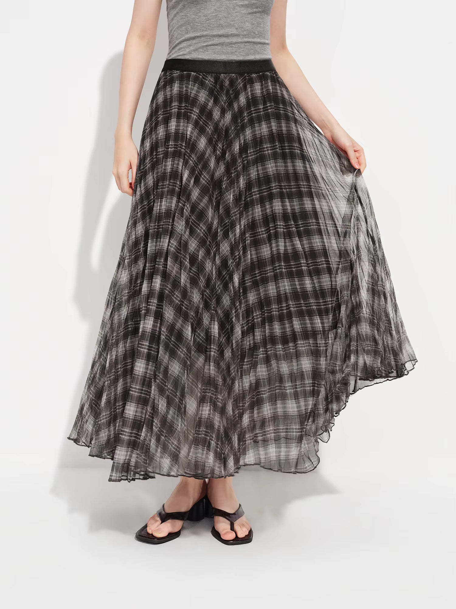 Retro Plaid Mesh A-line Skirt for Women New Spring Style for 2026 Flowing Draped Skirt Ankle-length Streetwear Citywalk Ins