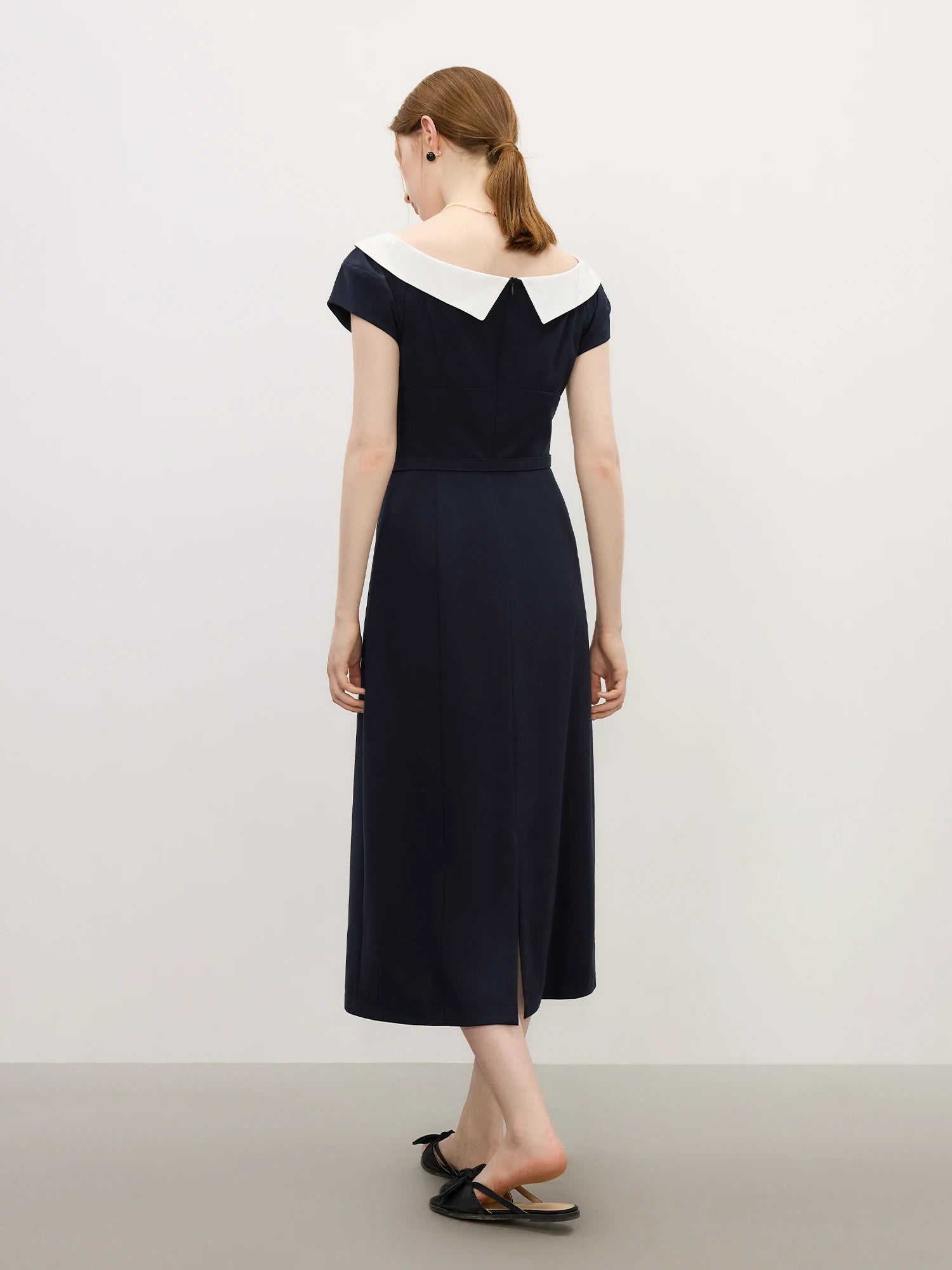 FSLE Contrast Color Splicing Lantern Sleeve Dress Female 2025 Summer New One-line Shirt Collar Mid-length Dress