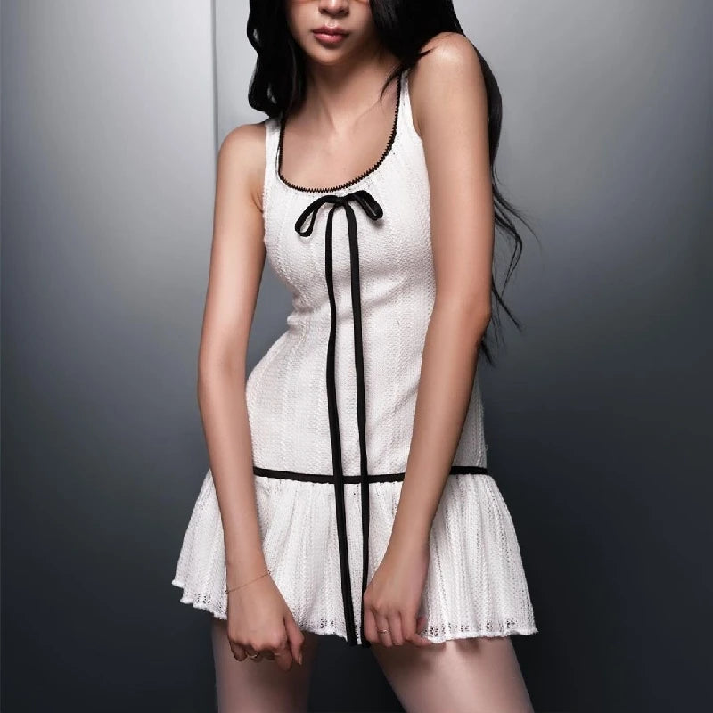 WhereMery Elegant Sleeveless Slim Fit Y2K Dress Aesthetic Butterfly Knot Open Back Mini Dresses Korean Street Style Vestidos