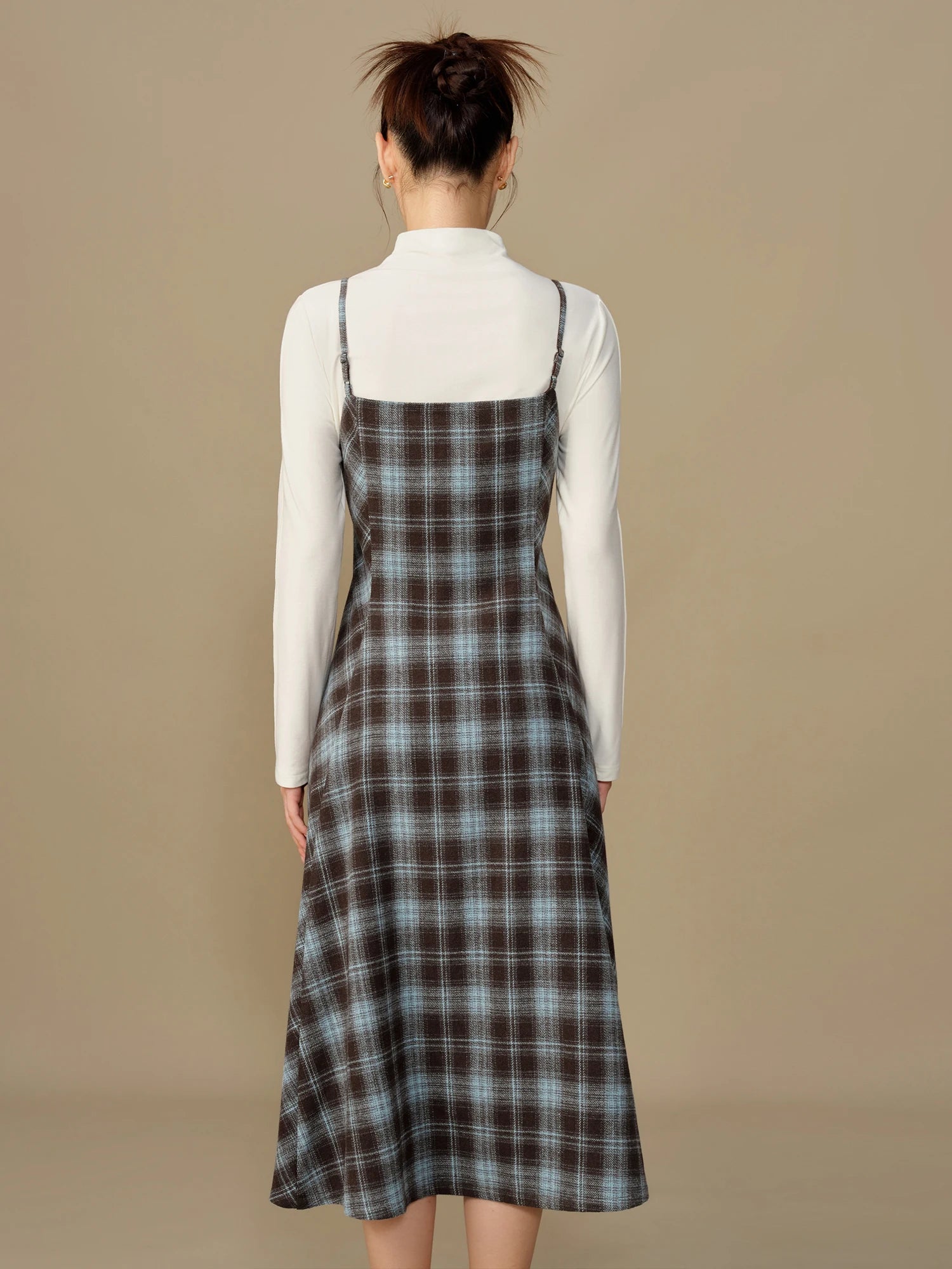 DUSHU Women Winter Strappy Dress 7.5% Wool Thicken Long A-LINE Blue Plaid Dresses Office Lady Winter Sleeveless Dress 24DS84345