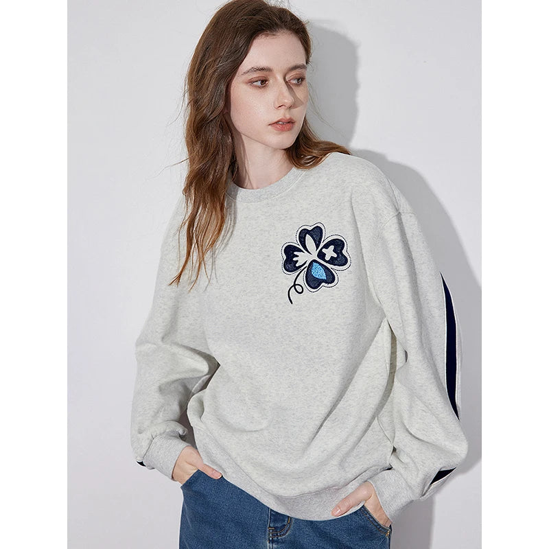 TOYOUTH Women Hoodies Sweatshirt 2024 Autumn New Clover Embrodiery Fleece Round Neck Warm Pullover Tops