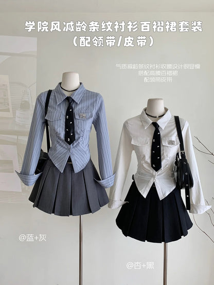 Women JK Preppy Y2k Gyaru Kpop 2000s Outfits 2 Piece Set Long Sleeve Shirts With Tie Crop Tops + Mini Pleated Skirts With Belt