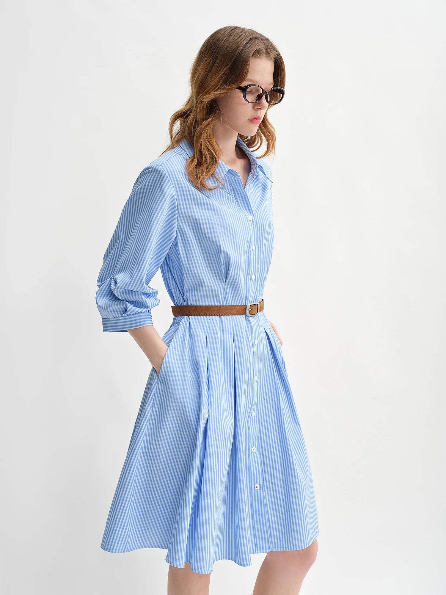 DUSHU Blue and White Striped Design Pleated Three-quarter Sleeve Waist Shirt Dress 2025 Autumn