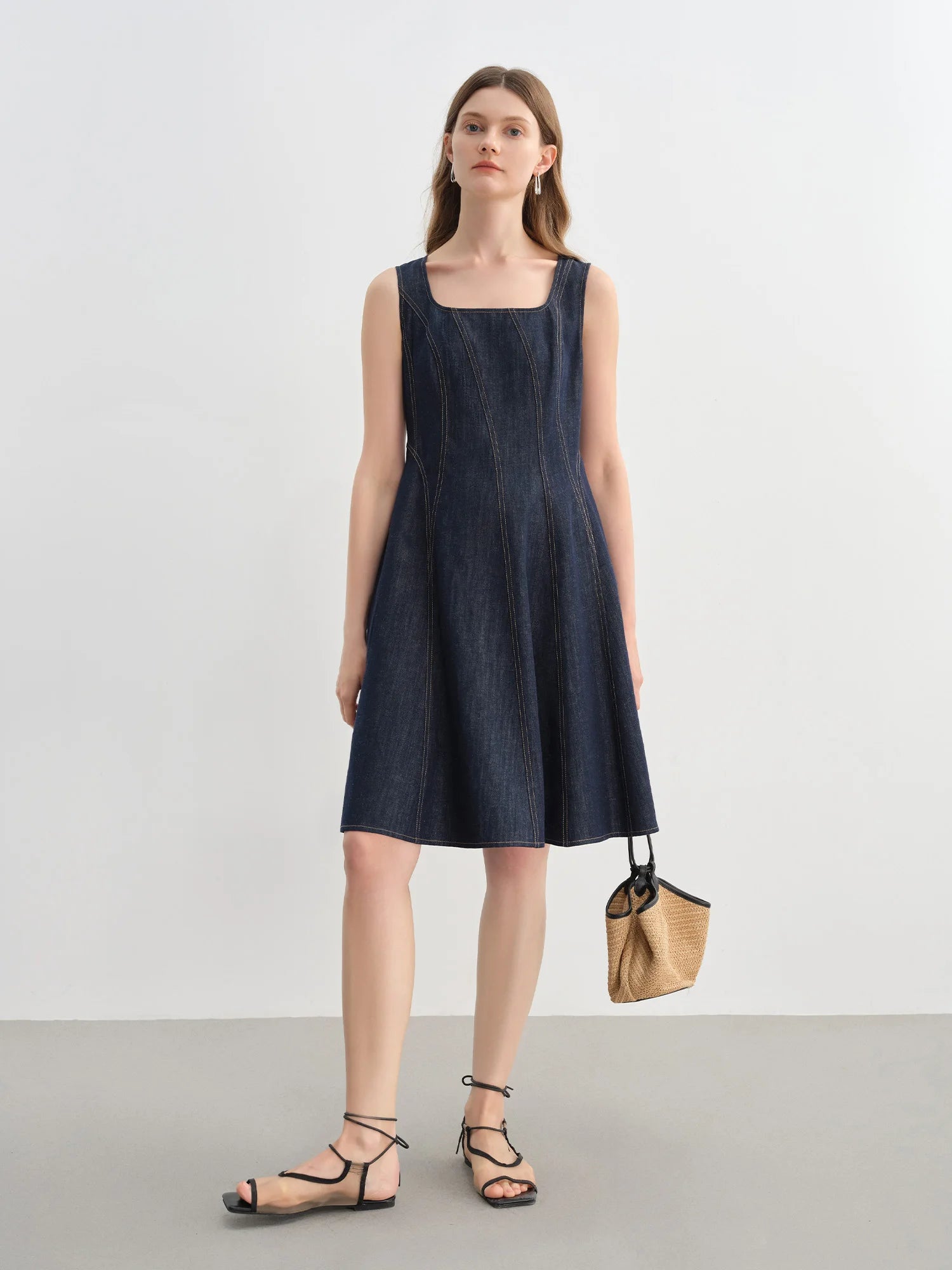 DUSHU Plus Size Denim Dress Women Summer Lyocell Tencel Breathable Slim Vest Dress Line Carved Dress