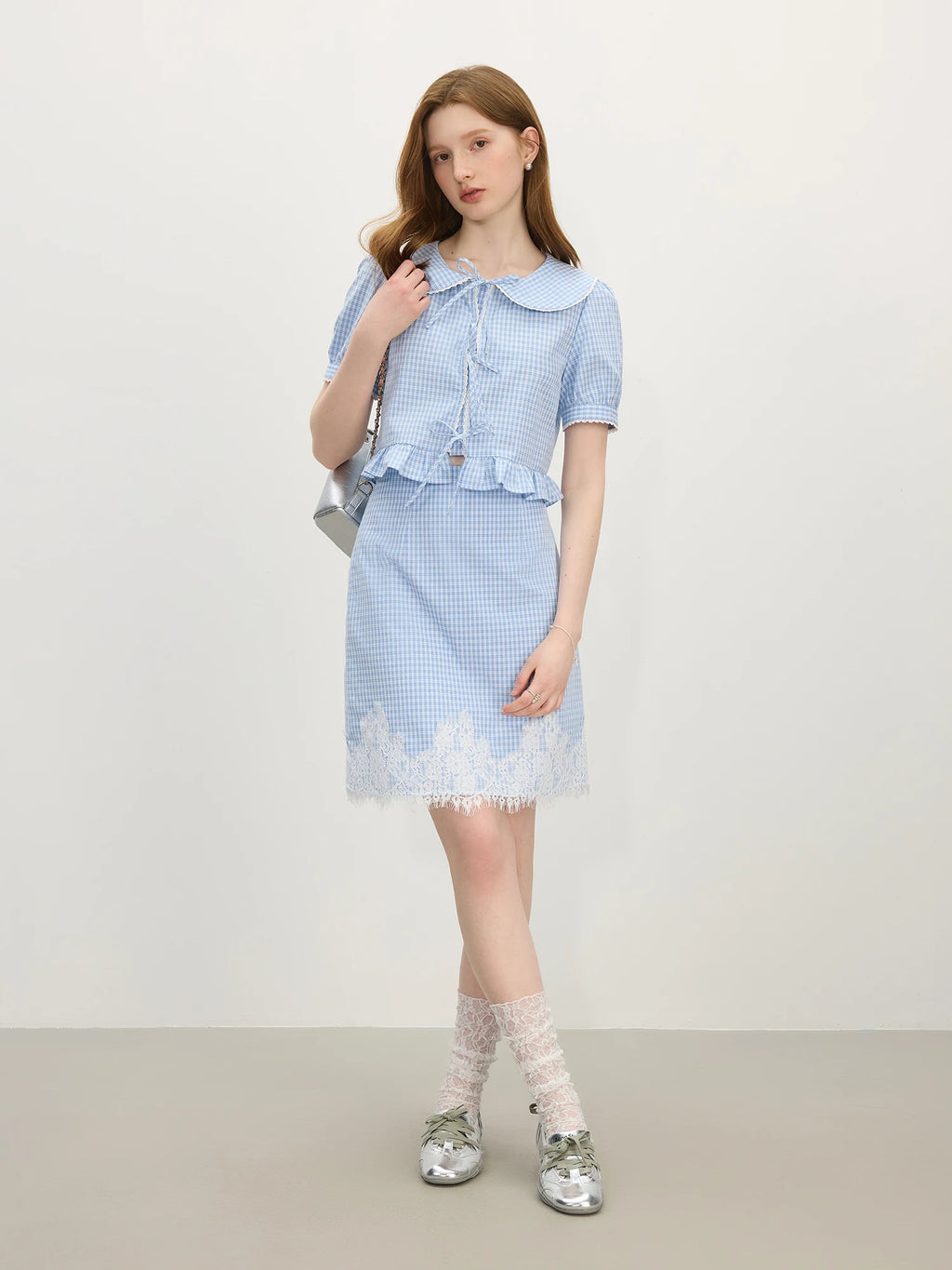 FSLE Sweet Style College Doll Collar Striped Shirt Skirt For Women 2025 Summer New Arrival Lace Stitching Chic Set HolidayOutfit