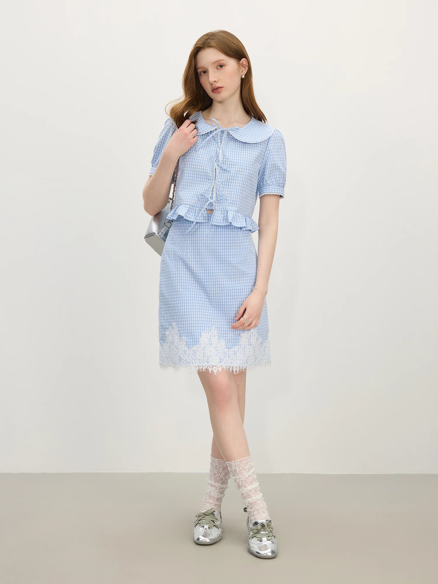 FSLE Sweet Style College Doll Collar Striped Shirt Skirt For Women 2025 Summer New Arrival Lace Stitching Chic Set HolidayOutfit