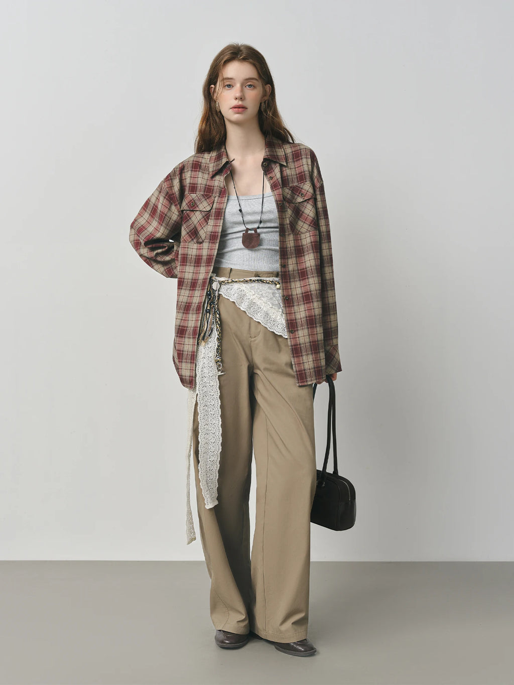 FSLE 2025 Women's Khaki Pants - Straight Leg Cotton Trousers Autumn Relaxed Fit Casual Vintage Style with Retro Design