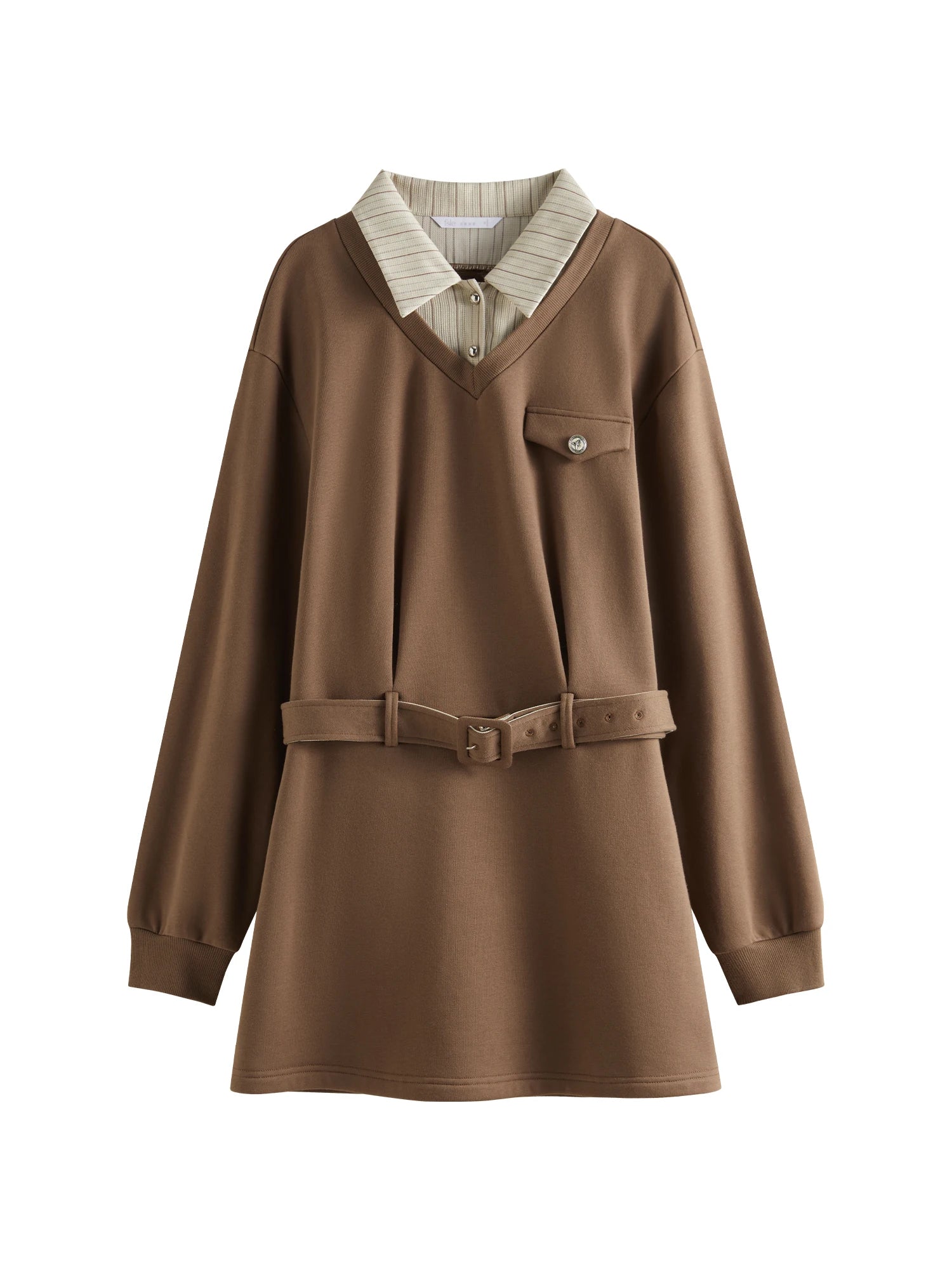 FSLE Women Winter Long Sleeve Dress Polo Neck Patchwork Design Mini Dress With Sashes Khaki Full Sleeve Short Dress 24FS14595