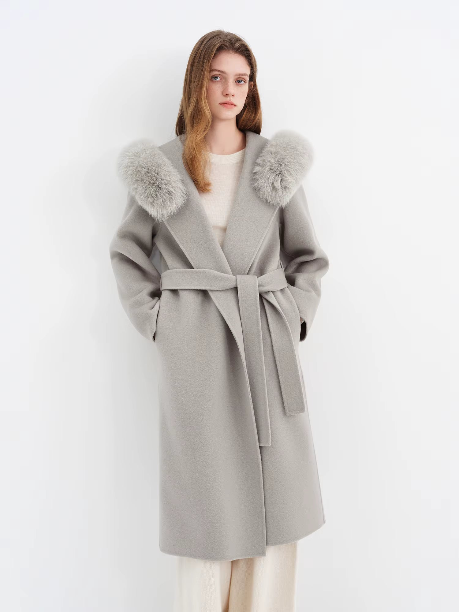 2025 Winter Women's Fox Fur Hooded Double Faced Wool Coat Long Plush Outerwear Vintage Elegant Warm Wool Coat Soft Coat