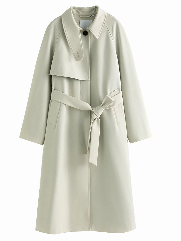 FSLE Simple White Temperament Extended Spring Women Trench Coats Single Breasted Commuter Jackets Belt Design Women Trench