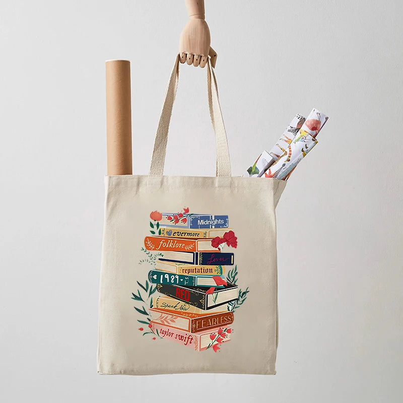 Taylor Albums Book Pattern Tote Bag Canvas Shoulder Bag for Travel Daily Commute Best Gift for Swifties Trendy Merch for TS Fans