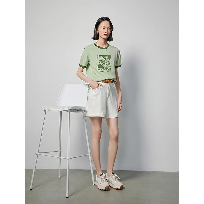 TOYOUTH Women T-shirt 2024 Summer New Antibacterial Cotton Surf Printed Contrast  Color Short Sleeve Casual Tops