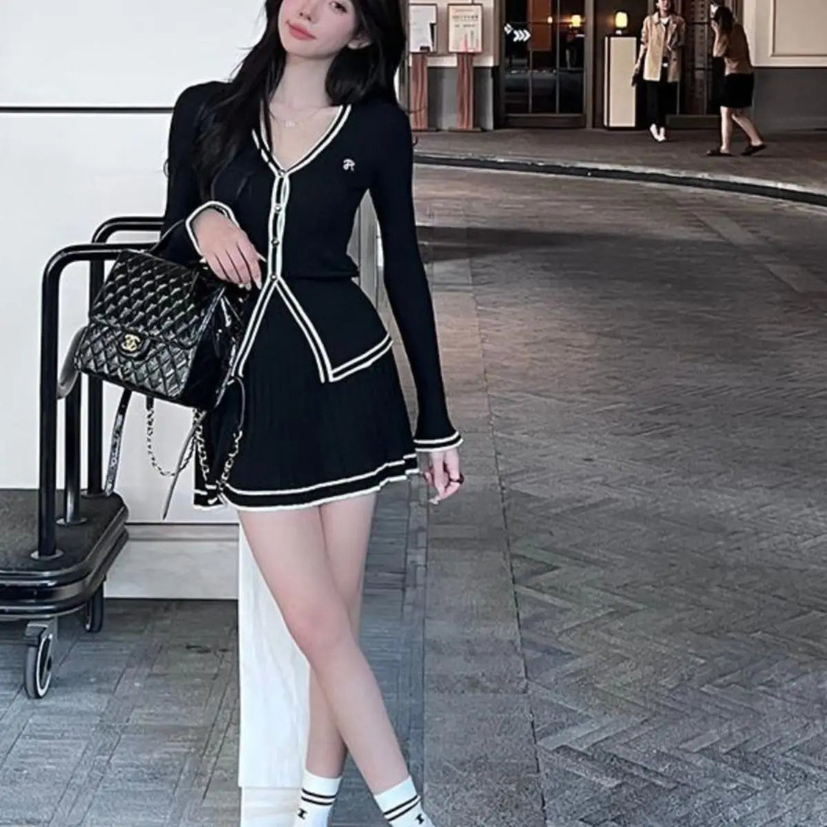 Fall Women Korean Vintage Slim Mori Girl Knit Birthday Outfits 2 Piece Set Long Sleeve Single-breasted Top + Gyaru Mini Skirt