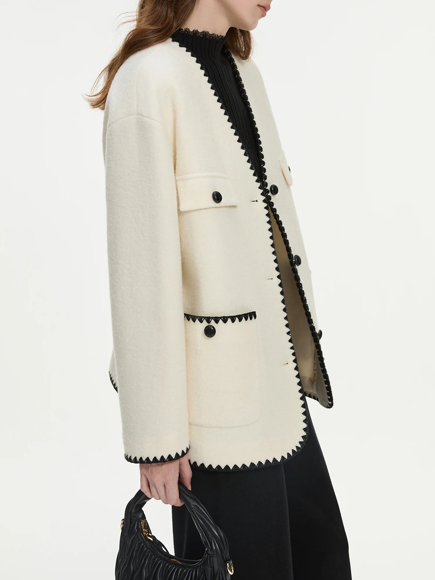 FSLE Office Lady Casual Shell Embroidered Single Sided Coat 2024 Winter New Versatile Short Women Casual Coat 24FS14266