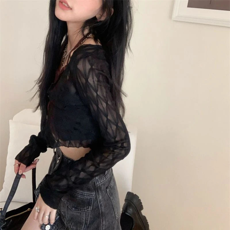 2024 Summer Cardigans Women Korean Style V-neck Solid Color Long Sleeve Slim Versatile Office Lady Short Chiffon Blouse Female