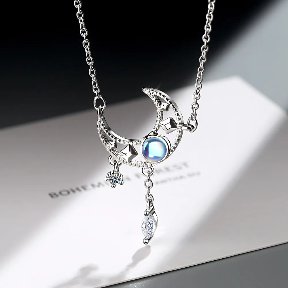 Female Moon Crystal Necklaces Pendant 925 Sterling Silver Aesthetic Fashion Chain Vintage Luxury Quality Jewelry for women