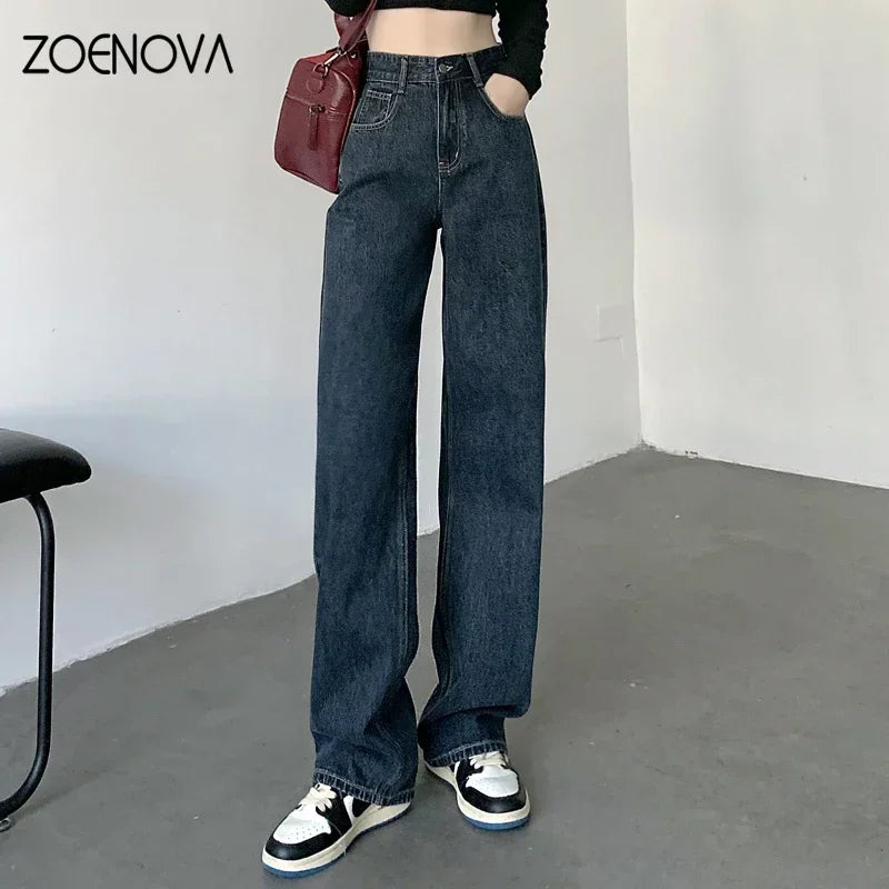 High Waisted Jeans Y2K Fashion Women Clothing Blue Black Straight Leg Denim Pants