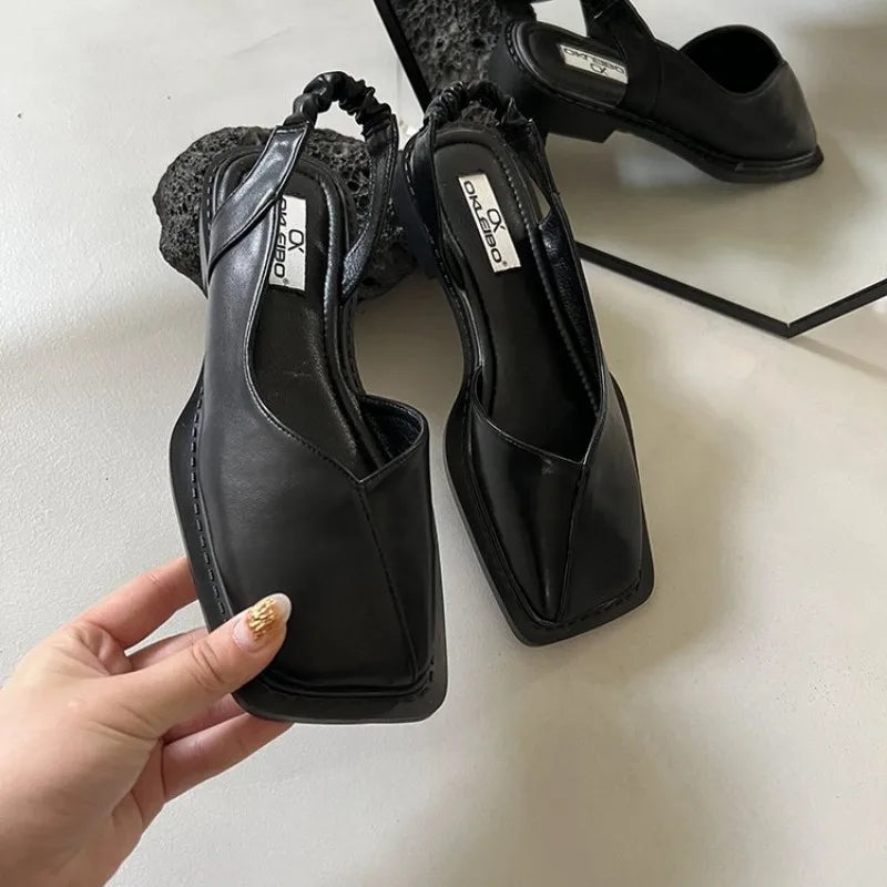 New Summer Elegant Ladies Sandals 2024 Fashion Ladies Elastic Band Flat Heel Women Shallow Party Shoes Square Heel Square Toe