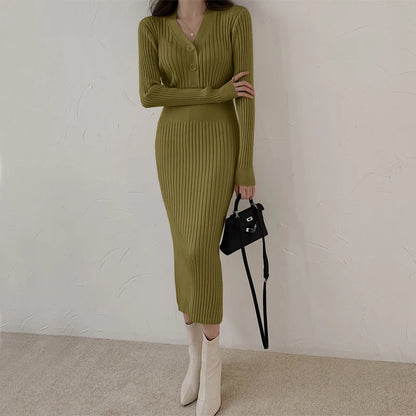 Autumn Winter Sweater Dress For Women 2024 New Arrivals Buttons Up V Neck High Waist Long Knitted Dress Korean Maxi Dresses