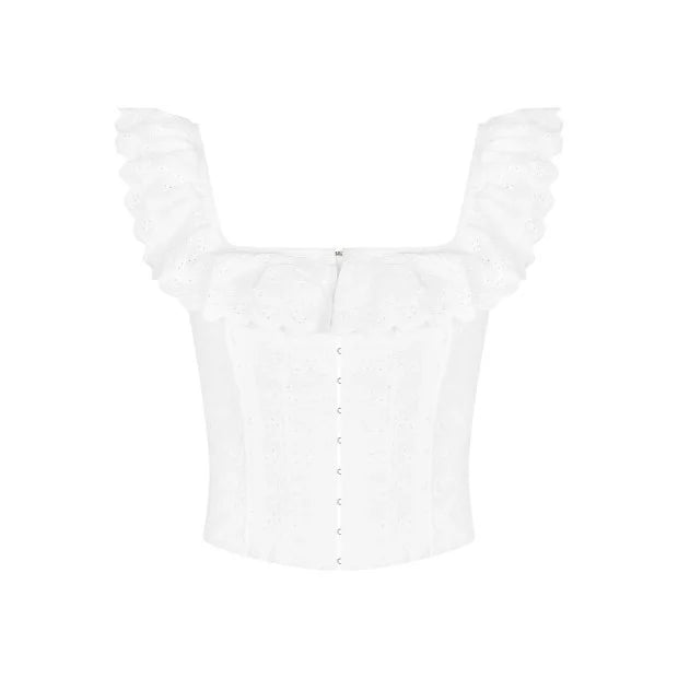 Romantic White Ruffled Square Neck Corset Top