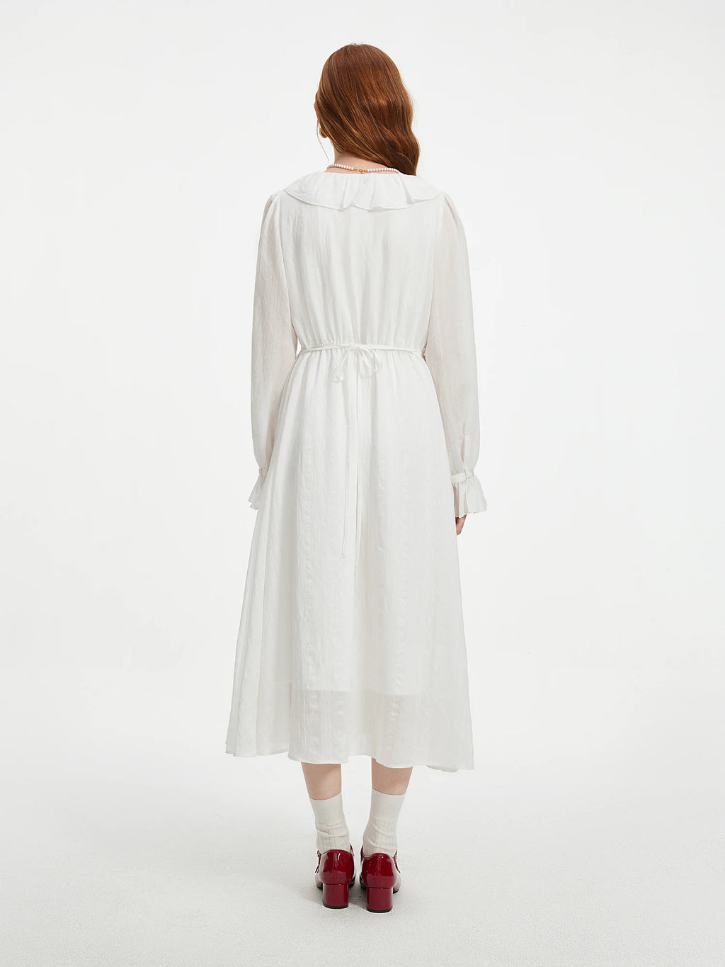 FSLE Women Autumn Long Sleeve Dress White Temperament X-LINE Dresses Ruffled Neck Design Female Solid Long Dress 24FS13260