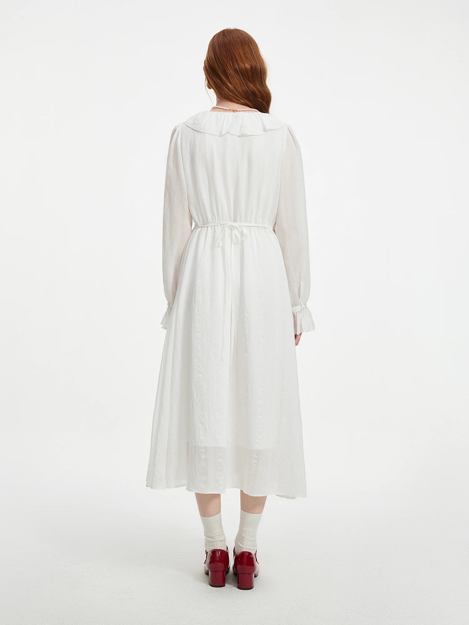 FSLE Women Autumn Long Sleeve Dress White Temperament X-LINE Dresses Ruffled Neck Design Female Solid Long Dress 24FS13260