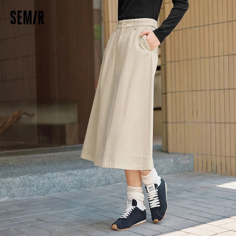 Semir Skirt Women Solid Color Simple Versatile 2024 Autumn New Pure Cotton Slimming Loose Umbrella Skirt