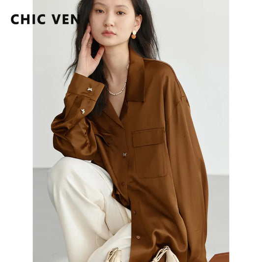 CHIC VEN Fashion Women Long Sleeve Satin Blouses Loose Office Lady Tops Female Clothing Spring Summer Shirts 2023