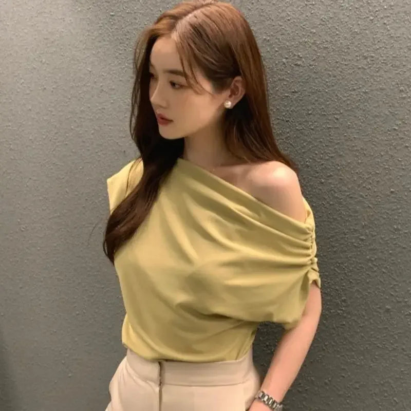 Diagonal Collar Off Shoulder Short Sleeve Top