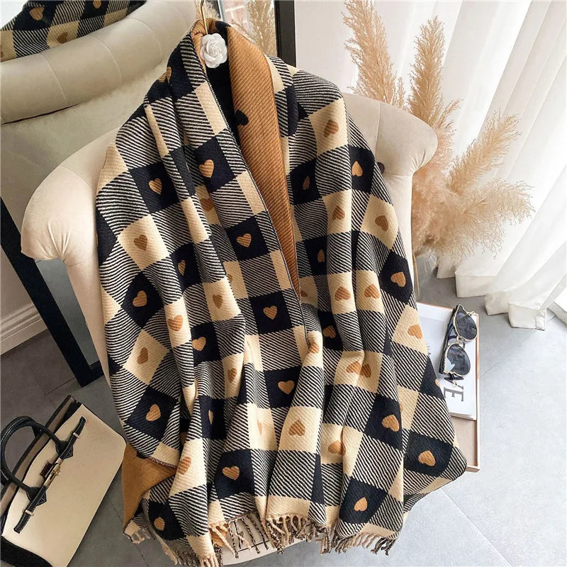 New Winter Luxury Plaid Scarf For Women Cashmere Knitted Heart-pattern Scarf Shawl Fashion Winter Thick Warm Tassel Scarves