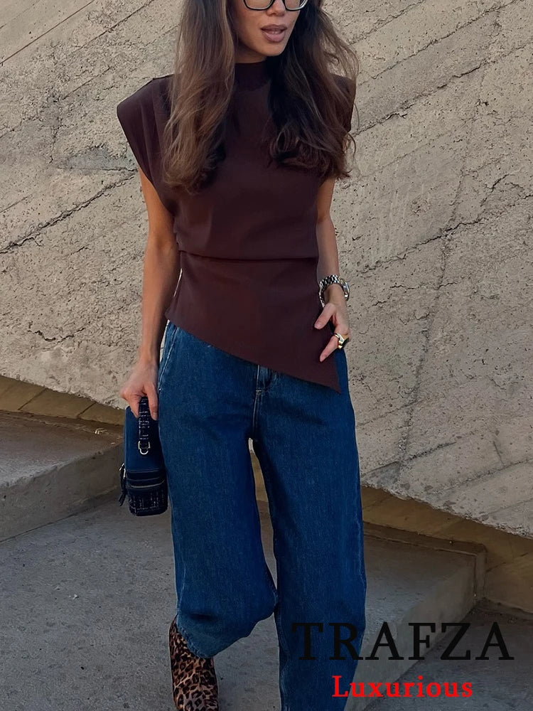 TRAFZA Vintage Chic Women Solid Asymmetric O-Neck Zipper Sleeveless Cross Folds Top Fashion 2024 Streetwear Padded Shoulder Top