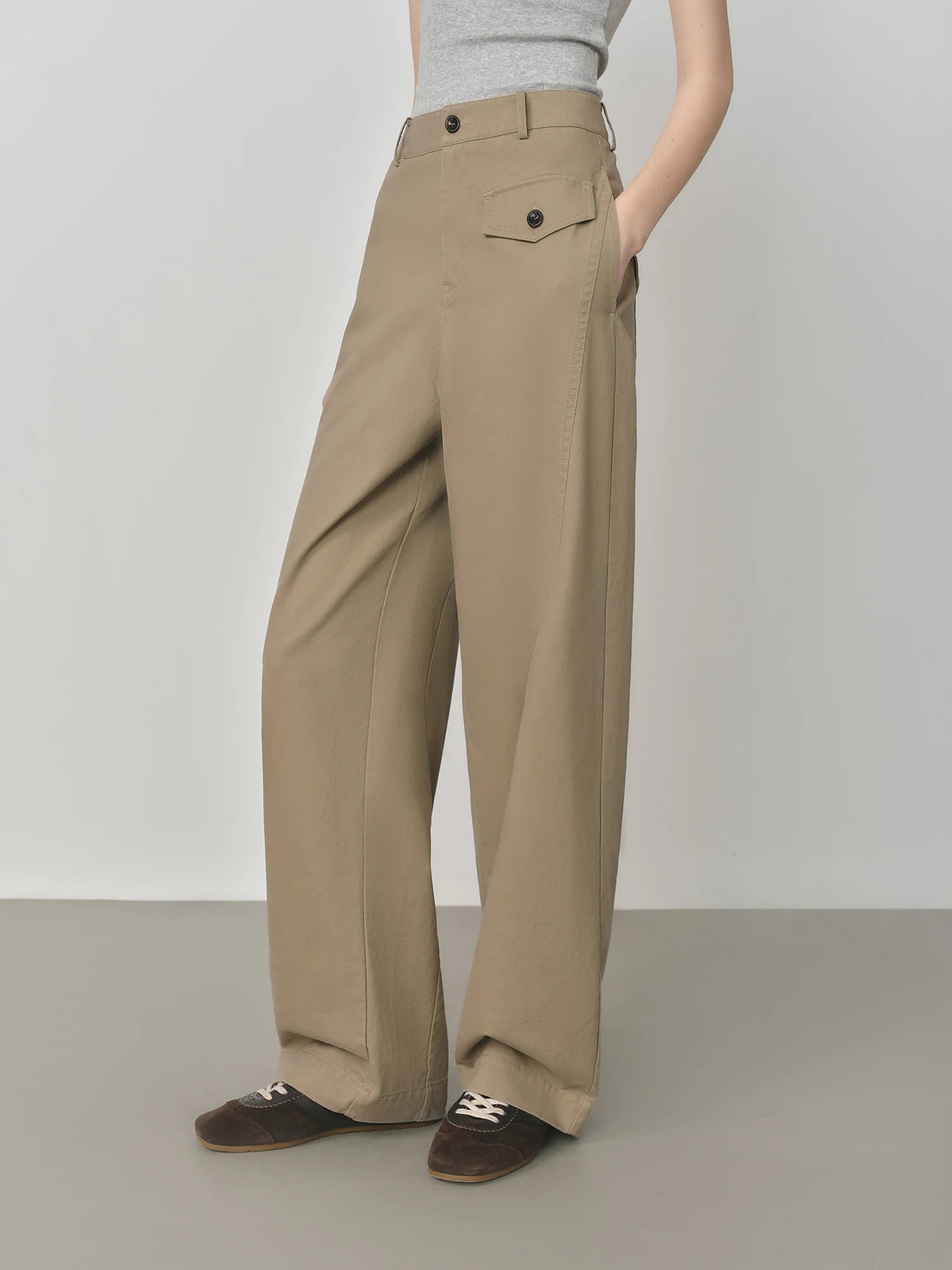 FSLE 2025 Women's Khaki Pants - Straight Leg Cotton Trousers Autumn Relaxed Fit Casual Vintage Style with Retro Design