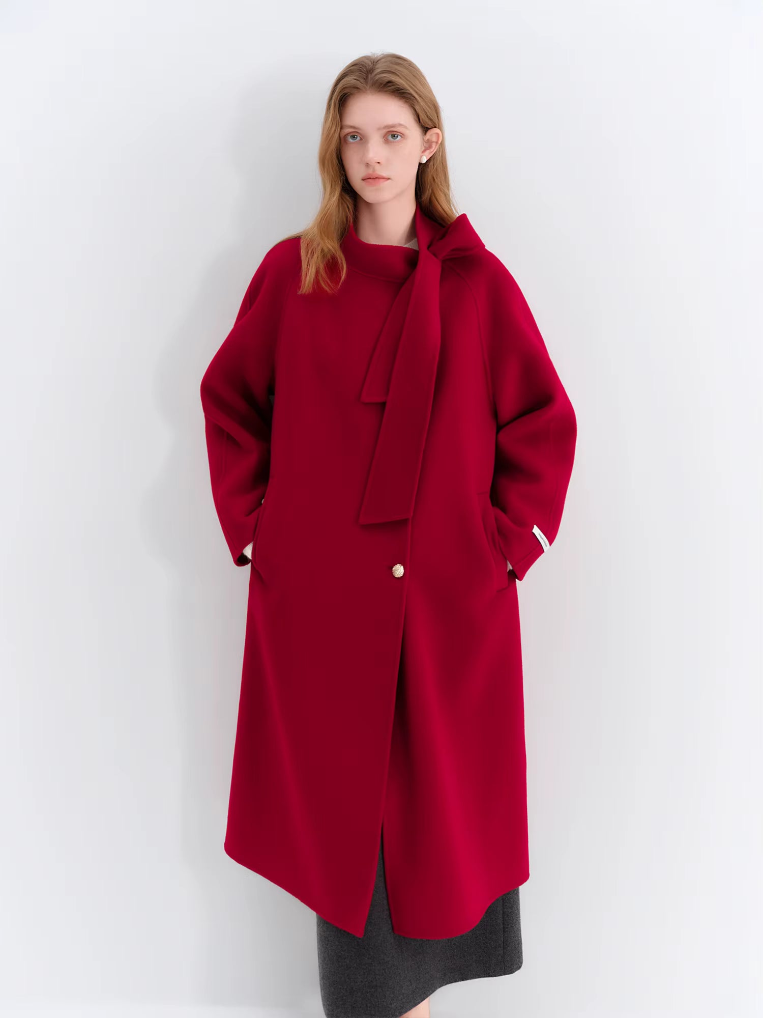 Winter 2025 Women Stand Collar Tie Detail Double Faced Wool Blend Coat - Long Length Elegant Outerwear for Casual Winter