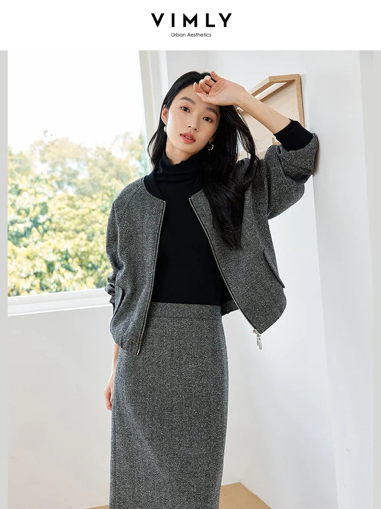 VIMLY Women's Simple Solid Tweed 2Piece Set Autumn Winter Office Lady Outfits Cardigan Short Jacket Straight-cut Slit Skirt Sets