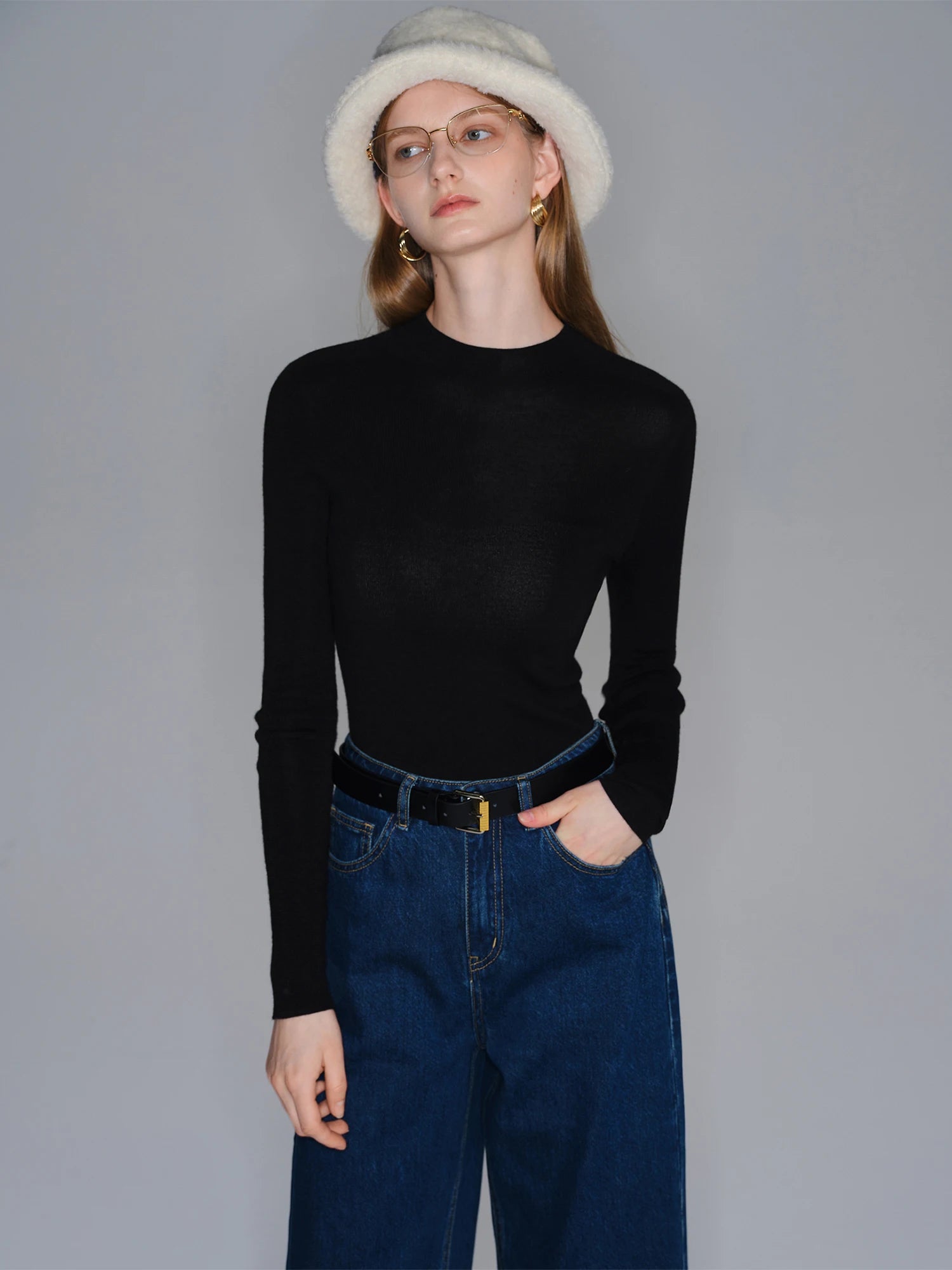 ZIQIAO Wool Sweater for Women Autumn and Winter New 18 Needle Nude Seamless Knitted Bottoming T-shirt